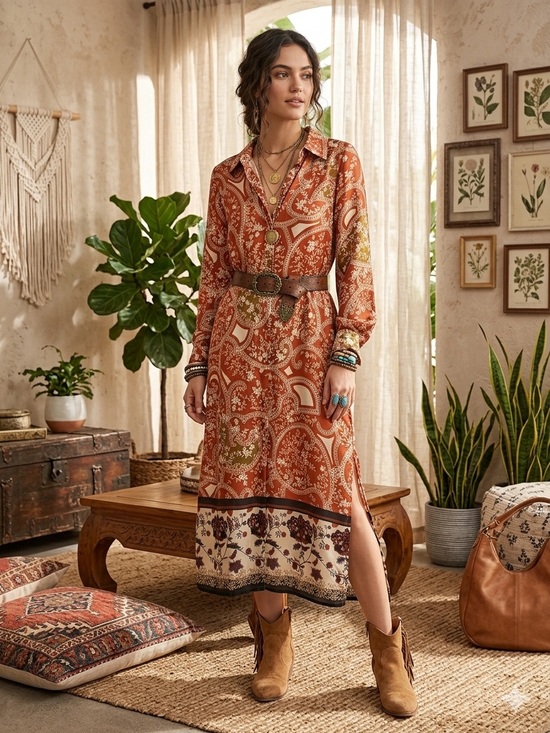 1. State Dresses & Skirts - 1. State Rust Paisley Maxi Dress with Cream Hem and Olive Accents